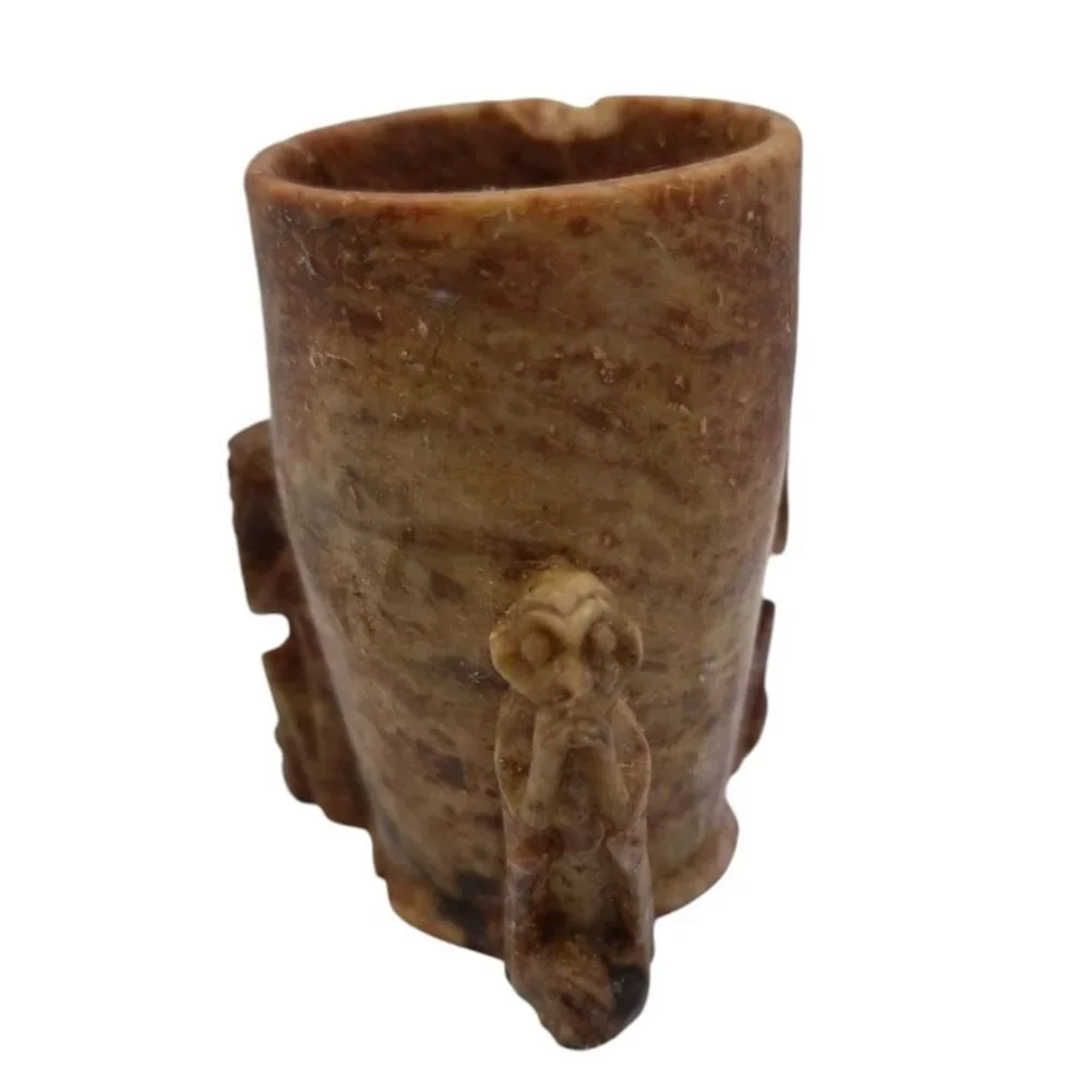 Vintage Hand-Carved Stone Cup With 3 Wise Monkeys See Hear Speak No Evil - Picture 4 of 11
